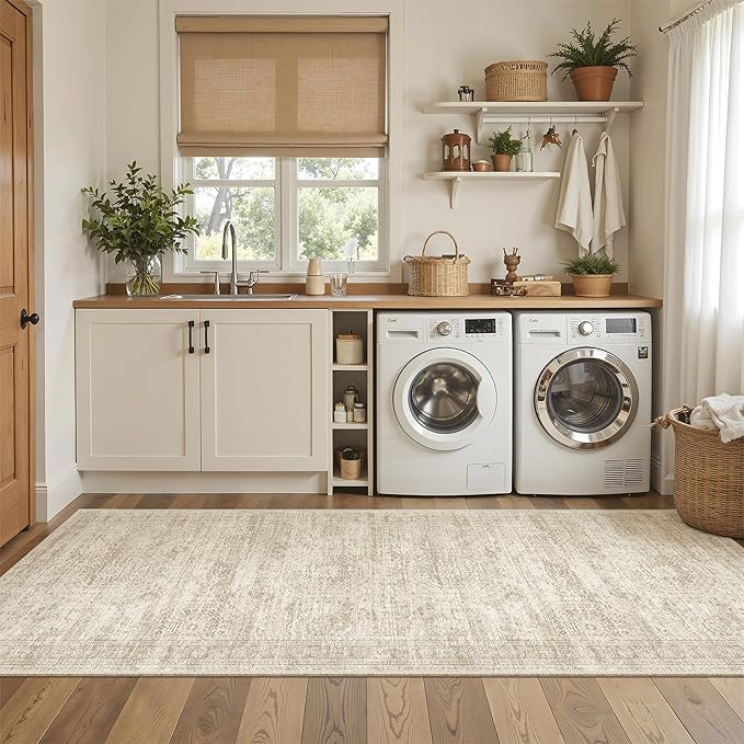 Soalmost Runner Rug 3x8 Washable Non-Slip Hallway Runner Rugs for Kitchen Bathroom Laundry Room Beige Vintage Floor Carpet Runners for Hallways Entryway