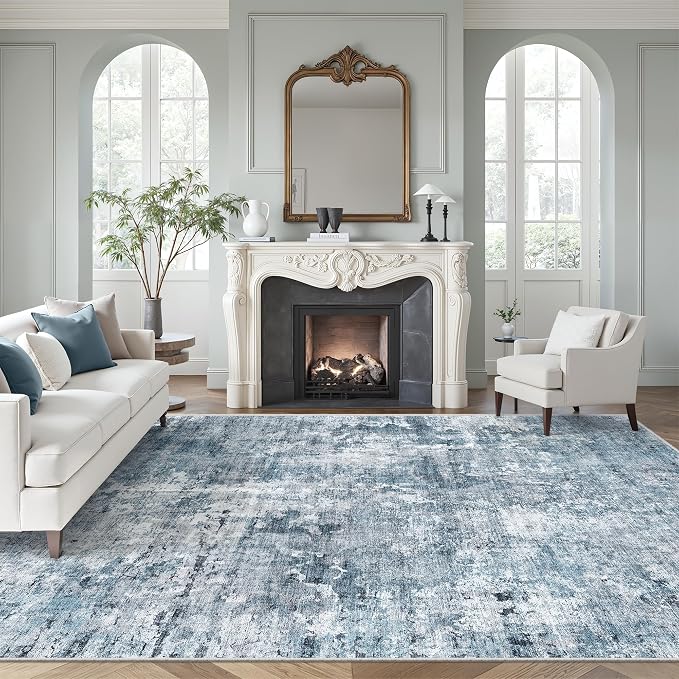 Soalmost 7x10 Area Rug for Living Room Washable Abstract Vintage Soft Thin Indoor Floor Non-Slip Carpet for Bedroom Dining Room Blue