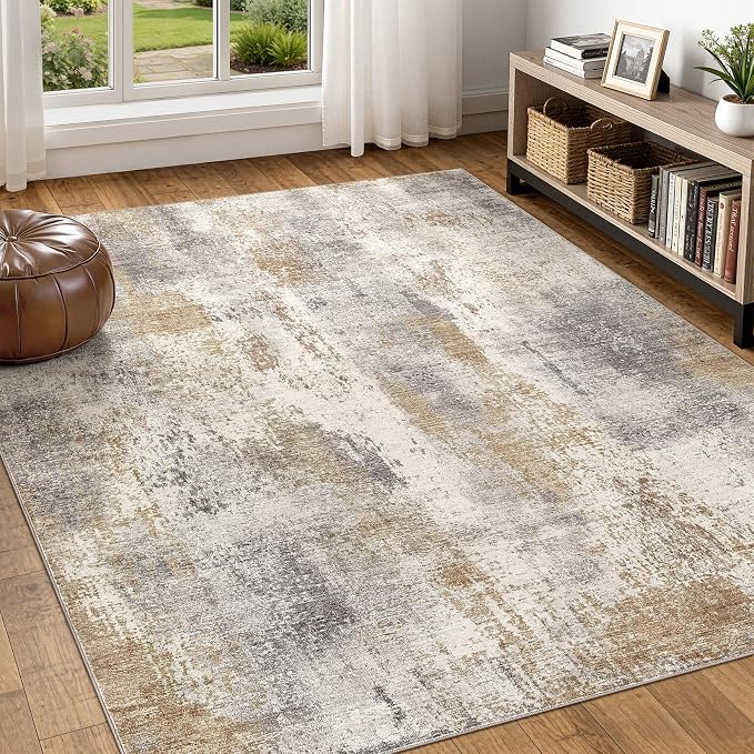 DMOYEST Area Rug Living Room Rugs - 5x8 Washable Large Soft Indoor Neutral Modern Abstract Low Pile Rug Carpet for Bedroom Dining Room Farmhouse Home Office - Brown Grey