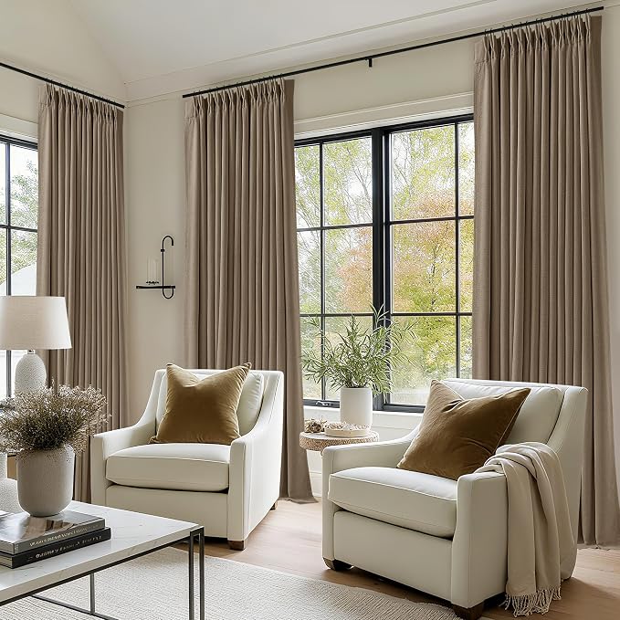 Latte Dual Layer Blackout 102 Inch Length Curtains 2 Panels Pinch Pleated for Sliding Glass Door Luxury Pinch Pleated Flax Linen Ceiling Track Curtain Thermal Room Darkening Light Brown Window Drapes