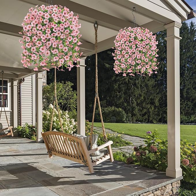 HyeFlora Artificial Hanging Flowers Basket for Outdoor, Fake Flowers Faux Plants Look Real for Yard Gardens Porch Patio Home (Pink)