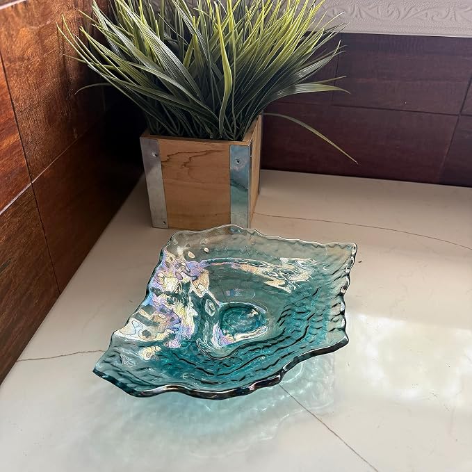 Oyster Shell Decorative Plate, 10 Inch Sea Blue Iridescent Glass | Compact Freeform Shell Form, Wavy Uneven Edges, Glossy Multitone Finish, Sits Flat for Tabletop Display