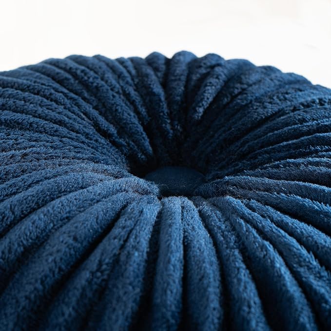 HIG Decorative Round Throw Pillows for Bed Couch -Set of 2 Handcraft Ruched Pumpkin Pillow, Soft and Durable Flannel Floor Pillow for Home Decor, Bed Living Room and Sofa (Navy,14.5"x14.5")