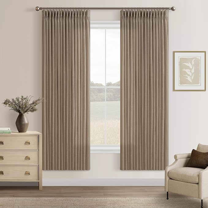 Pinch Pleated Thick Linen Curtains 72 Inches Length Latte Light Brown Rustic Light Filtering Flax Linen Drapes for Living Room Bedroom Memory Trained Pleat Curtain 2 Panels for Cabinet W50xL72