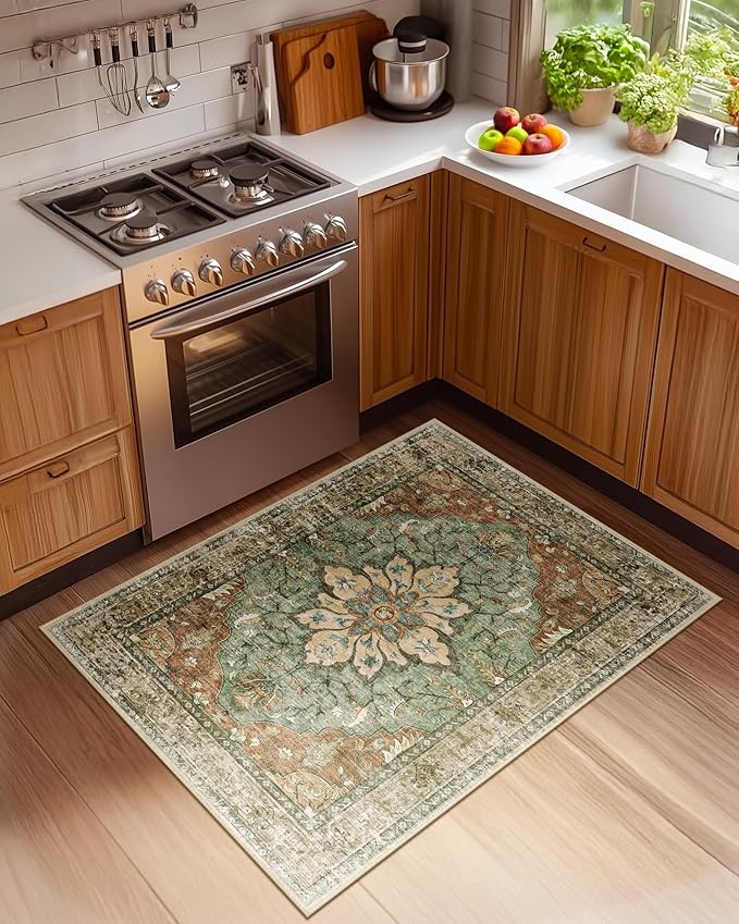 RELEANY Area Rugs 3'x4' Washable Non-Slip, Floral Vintage Distress Print Pattern Medallion Carpet for Living Room Bedroom Dining Room, Brick Red Rust Neutral Brown Burnt Orange Green