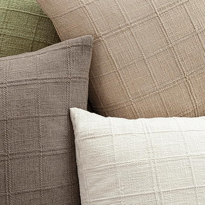 Foindtower Set of 2 Decorative Linen Check Throw Pillow Covers Neutral Farmhouse Vintage Cushion Covers Modern Coastal Boho Home Decor for Sofa Chair Couch Bedroom Living Room,16×16 Inch,Camel