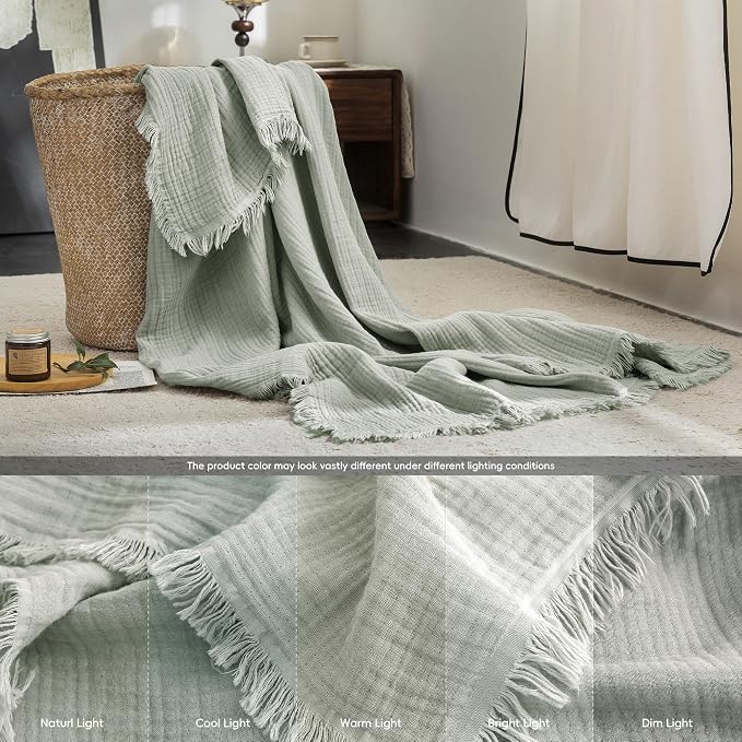 FOSSA Muslin Blanket 4-Layer 100% Cotton Gauze Blanket with Fringe 104"x90" | Super Soft Breathable Lightweight All Season & Decorative Blanket or Bed, Sofa, Office (Sage Green, King)