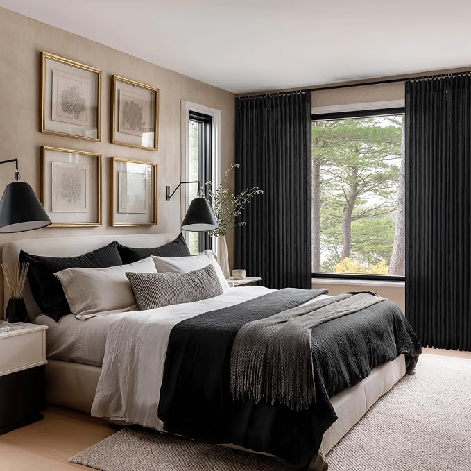 Black Linen Curtains 102 Inches Long for Living Room Pinch Pleated Drape with Hooks Rings for Track System Back Tab Light Filtering 102 Inch Curtain for Bedroom Sliding Patio Door 2 Panels 50x102