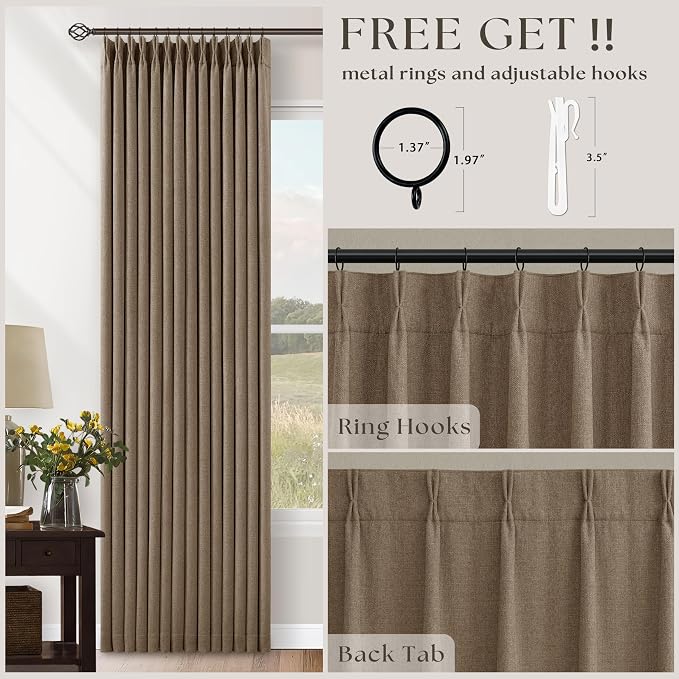 Latte Pinch Pleated 100% Blackout Linen Bedroom Curtains 86 Inch Length Double Layer Pleat Curtains Ring Hooks Back Tab Black Out Room Darkening Drapes 86 Inches Long Living Room Sliding Door