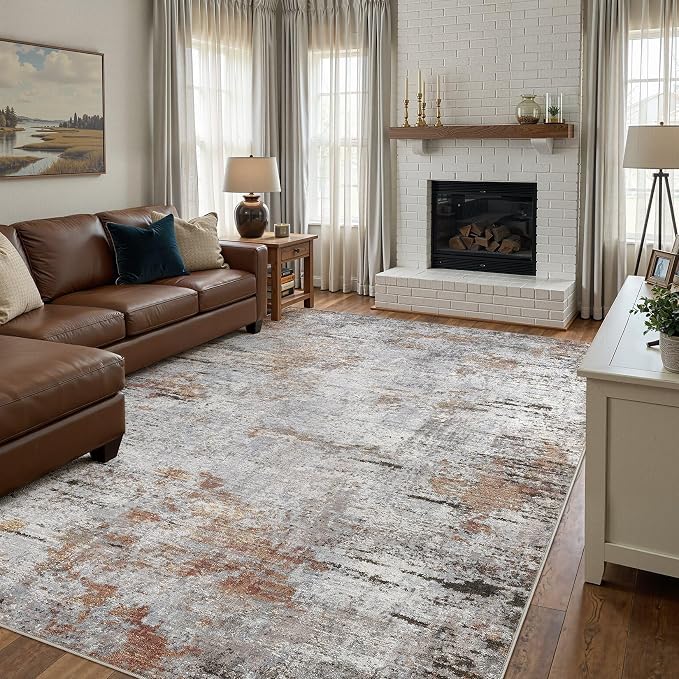 DMOYEST Area Rug Living Room Rugs - 10x14 Large Soft Indoor Neutral Modern Abstract Low Pile Washable Rug Carpet for Bedroom Dining Room Farmhouse Home Office - Grey Rust