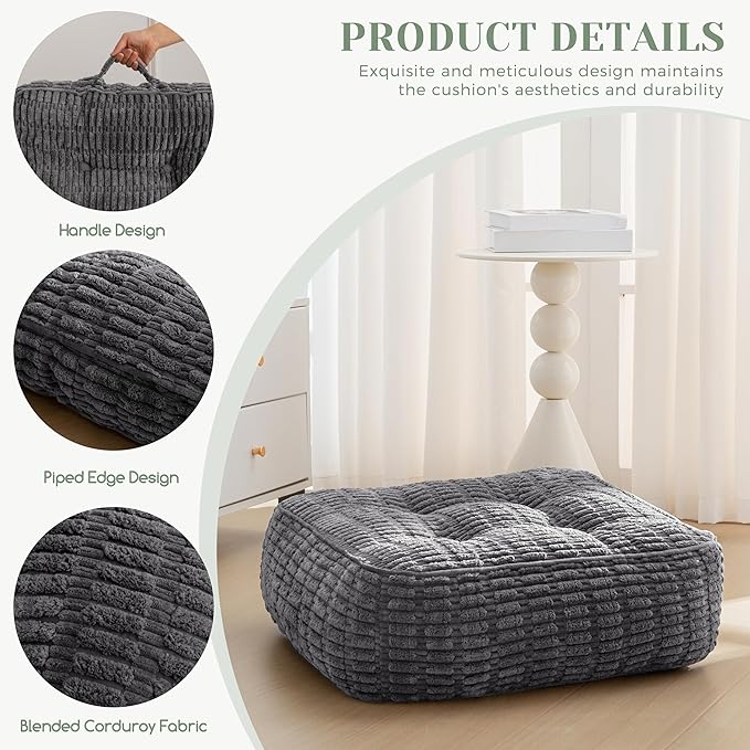 HIGOGOGO 8" Floor Pillow Cushion for Adults, Meditation Cushion Pillow, Blended Corduroy Cover, Large Square Floor Sitting for Tatami Living Room or Yoga, 2Pack, Dark Grey
