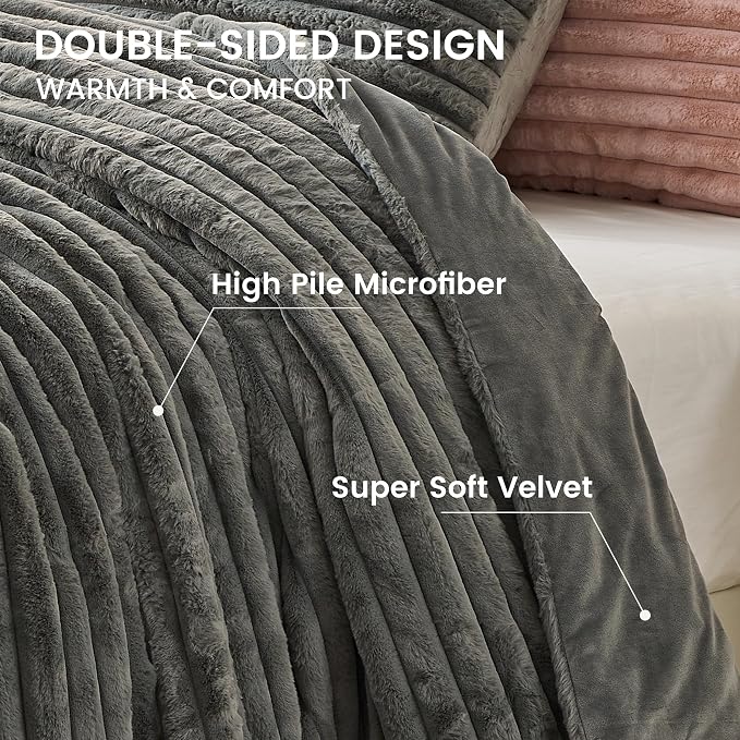 Simple&Opulence Fluffy Faux Fur Comforter Set, Plush Fuzzy Minky Bedding Set, 3 Pieces Warm Soft Comforter Bedding Set for Winter - 1 Shaggy Comforter with 2 Pillow Shams(Queen, Striped - Dark Grey)