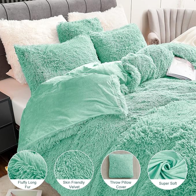 Fluffy Plush Duvet Cover Set Queen Size, Luxury Ultra Soft Velvet Fuzzy Comforter Cover Bed Sets 4Pcs(1 Faux Fur Duvet Cover + 2 Pillow Cases + 1 Pillow Cover) Zipper Closure (Queen, Aqua Green)
