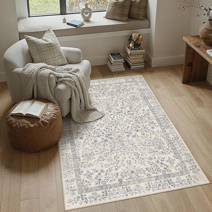 PureCozy 3x5 Blue Area Rug for Entryway Washable Vintage Floral Carpet Low Pile Non Slip Botanical Aesthetic Soft Accent Throw Rug Entrance Kitchen Bedroom Nursery Office Indoor