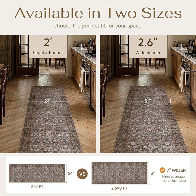 HUGEAR 2'6''x10 Runner Rug Machine Washable Tradition Brown Hallway Area Rugs Indoor Accent Rugs Floral Low Pile Carpet Distressed Throw Rug Bedroom Living Room Office Dining Kitchen Laundry Non Slip
