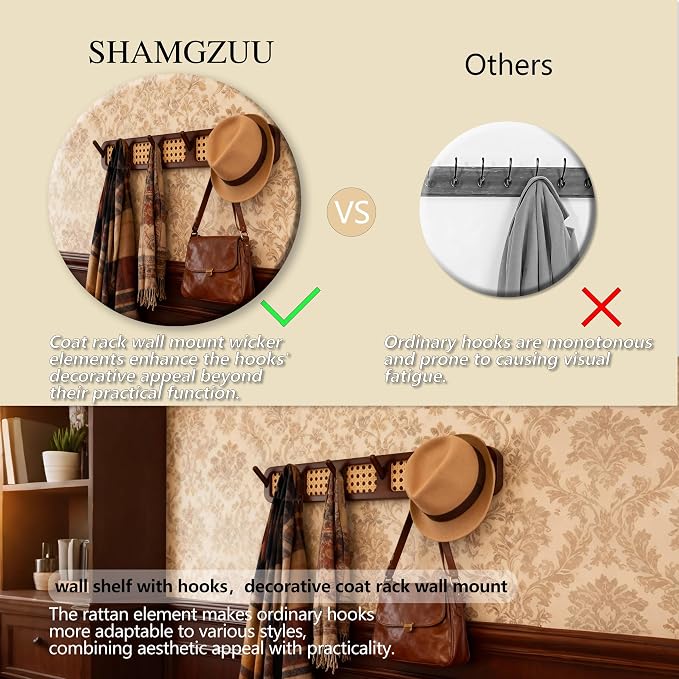 Coat Rack Wall Mount, Rattan Coat Hooks Hanger Wall Mounted | Wall Mount, For Hanging Clothes Hats Bags Jacket Towels Plants Rack Rail