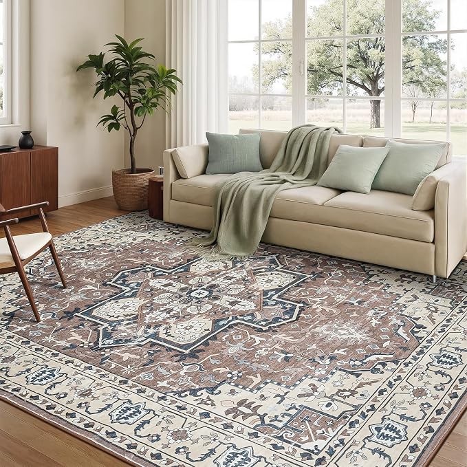 Rugflix 8x10 Area Rugs for Living Room, Washable Rug, Soft Low Pile Carpet, Non-Slip, Stain Resistant, Vintage Area Rug, Brown Beige Rug for Bedroom, Dining Room, Home Office