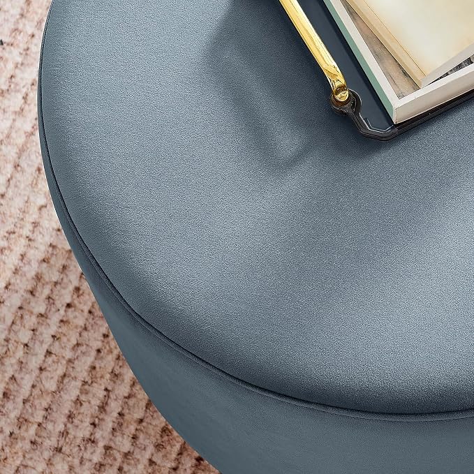 Modway Tilden 23 Inch Round Performance Velvet Upholstered Ottoman in Cadet Blue Natural - Round Ottoman Foot Rest with Rubberwood Plinth Base - Living Room Ottoman Side Table or Ottoman Coffee Table