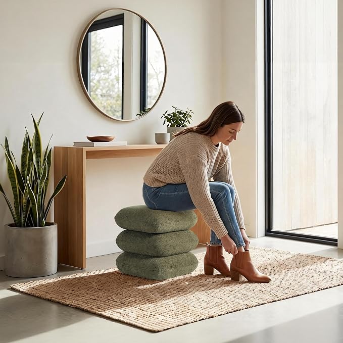 Get Set Style 360° Swivel Linen Ottoman, Modern Upholstered Foot Stool, Multifunctional Vanity Chair Accent Stool for Small Space, Living Room, Bedroom, Entryway, Olive Green