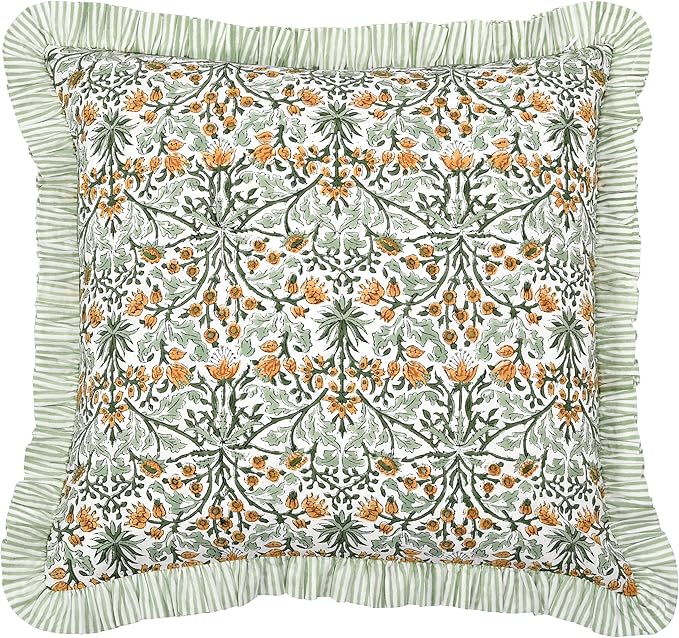 Ridhi Block Print Goldenrod Yellow Throw Pillow Cover 24" x 24" (Pack of 2) Decorative Cushion Covers with Ruffle for Couch, Sofa, Bed, Living Room, Home Decor Gift for Spring, Easter, Valentine