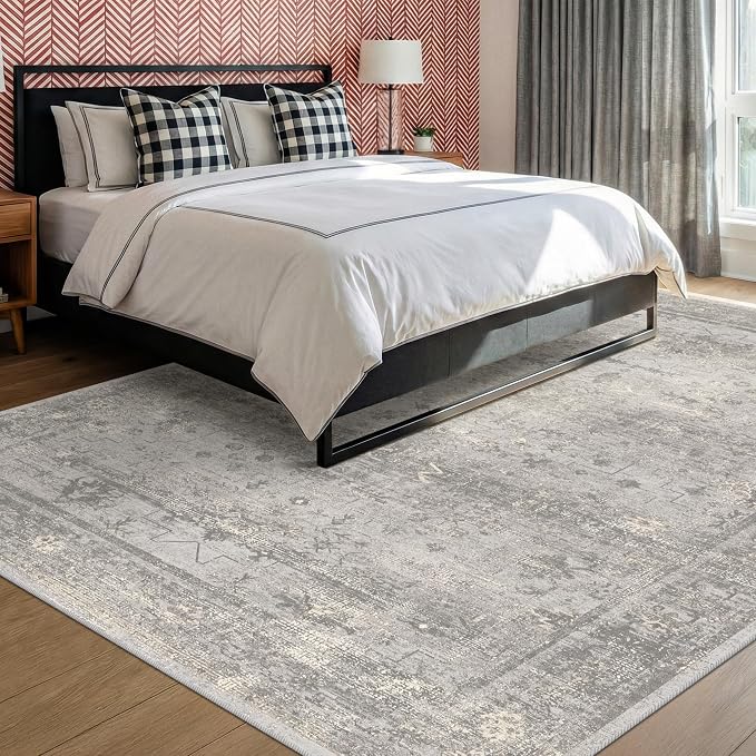 Farmhouse 5x7 Washable Area Rug for Small Living Room & Home Office, Neutral Gray Vintage Distressed Rug, Non-Slip Soft Low Pile Carpet for Bedroom, Desk Area & Dorm