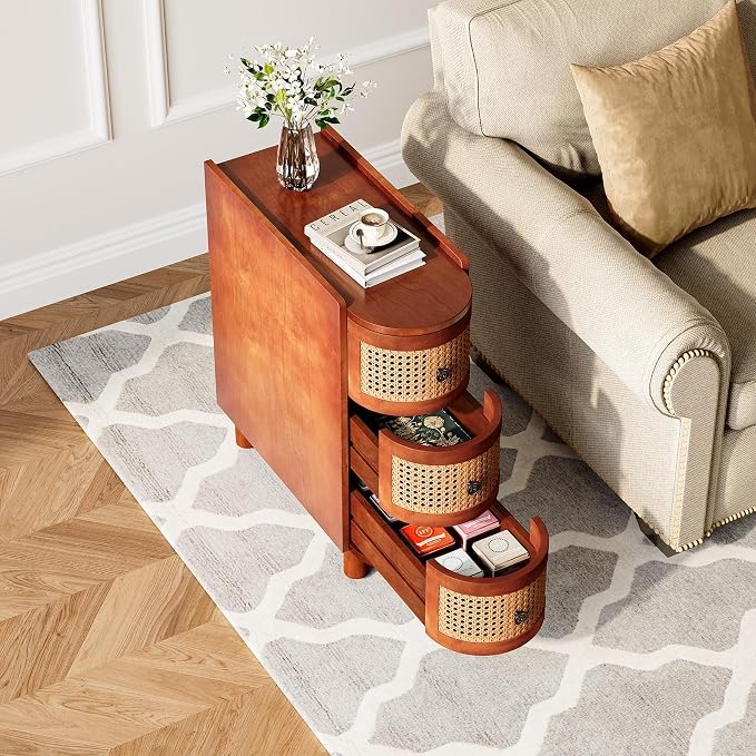 LITTLE TREE Solid Wood End Table, Rattan Narrow Side Table with 3 Drawers, No Assembly Required, Nightstand Bedside Tables for Living Room, Bedroom, Office, Bathroom, Brown