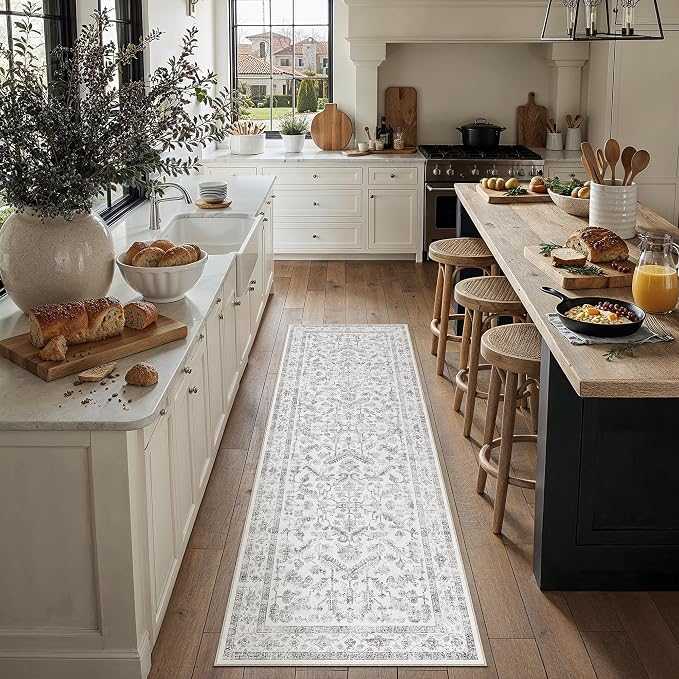 PureCozy Grey 2x7 Runner Rug Vintage Area Carpet Hallway Indoor Kitchen Washable Neutral Low Pile Traditional Distressed Gray Retro Accent Throw Rug Non Slip for Laundry Bathroom Office