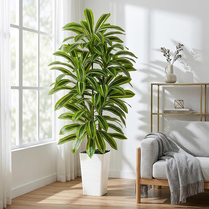 Artificial Dracaena Tree：5FT Faux Silk Tropical Yucca Floor Trees Realistic Fake Green Plant with Natural Wood Trunk & Lifelike Leaves for Home Office Decor Indoor & Outdoor (5FT,1-Pack,White)