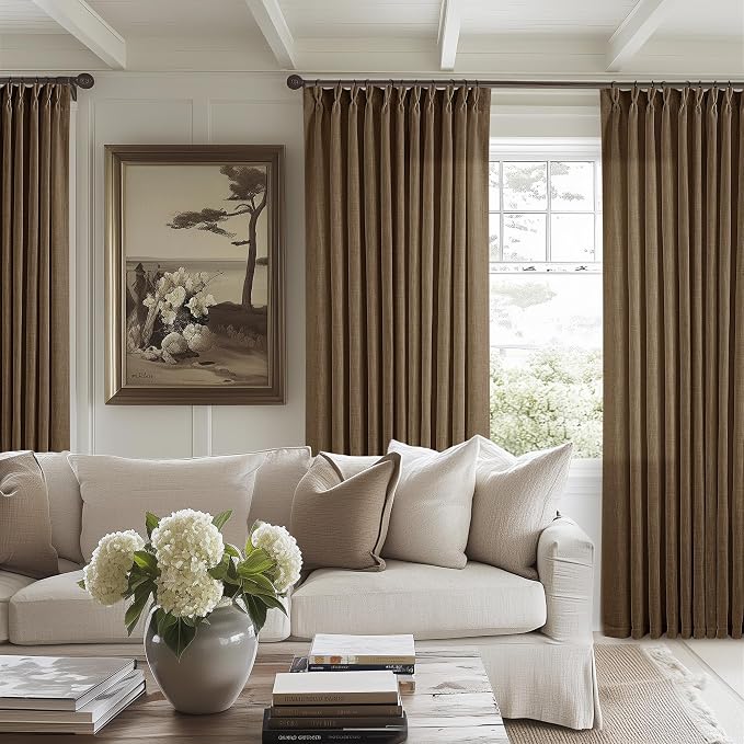 Extra Wide 96 Inch Long Curtains 70 Inch Wide Pinch Pleat Linen Curtains for Living Room Bedroom Light Filtering Privacy Pleated Drapes Hooks Rings Back Tab for Sliding Door Dutch Cocoa 1 Panel