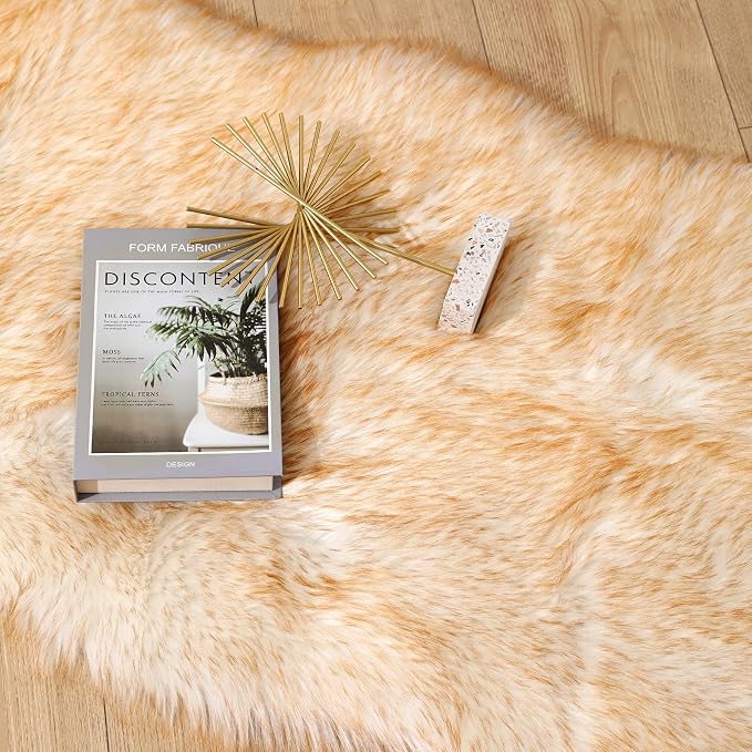 Faux Fur Sheepskin Runner Rug White Yellow 2x6 ft Ultra Soft Shaggy Plush Fluffy Fuzzy Area Carpet Decorative Chair Cover Floor Mat for Bedroom Sofa Living Room Bedside