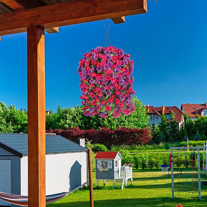 INXUGAO Artificial Fake Hanging Flowers Plants for Outdoor Spring Summer Decoration, 2PCS Faux Silk Morning Glory Long Vines Stems UV Resistant Look Real for Outside Home Porch Patio, Hot Pink Purple