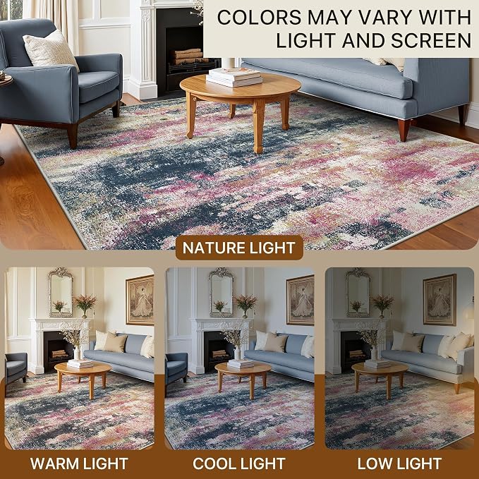 BEIMO Area Rugs 6x9 for Living Room Bedroom, Modern Abstract Machine Washable Rug, Large Soft Low Pile Floor Carpet with Non Slip Backing for Dining Room, Navy/Pink