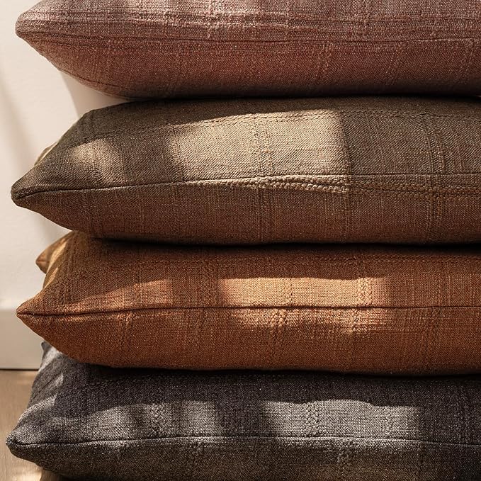 Foindtower Set of 2 Decorative Linen Check Throw Pillow Covers Neutral Farmhouse Vintage Cushion Covers Modern Boho Home Decor for Sofa Chair Couch Bedroom Living Room,20×20 Inch,Orange