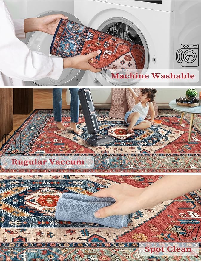 SERISSA Boho Washable Runner Rug, 2x5 Non-Slip Vintage Rust Hallway Kitchen Runner Rug Ultra Soft Print Distressed Tribal Floor Carpet for Bedroom Bathroom Laundry Living Room