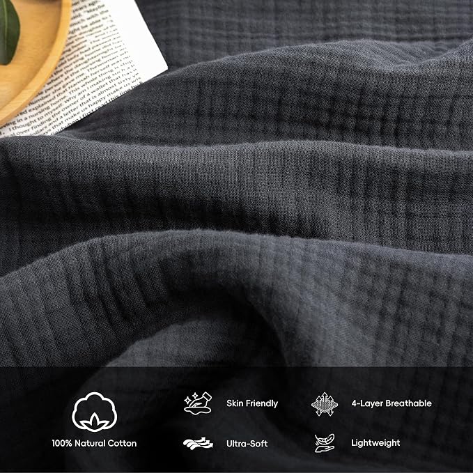 FOSSA Muslin Blanket 4-Layer 100% Cotton Gauze Blanket with Fringe 50"x70" | Super Soft Breathable Lightweight All Season & Decorative Blanket or Bed, Sofa, Office (Dark Gray,Throw XL)