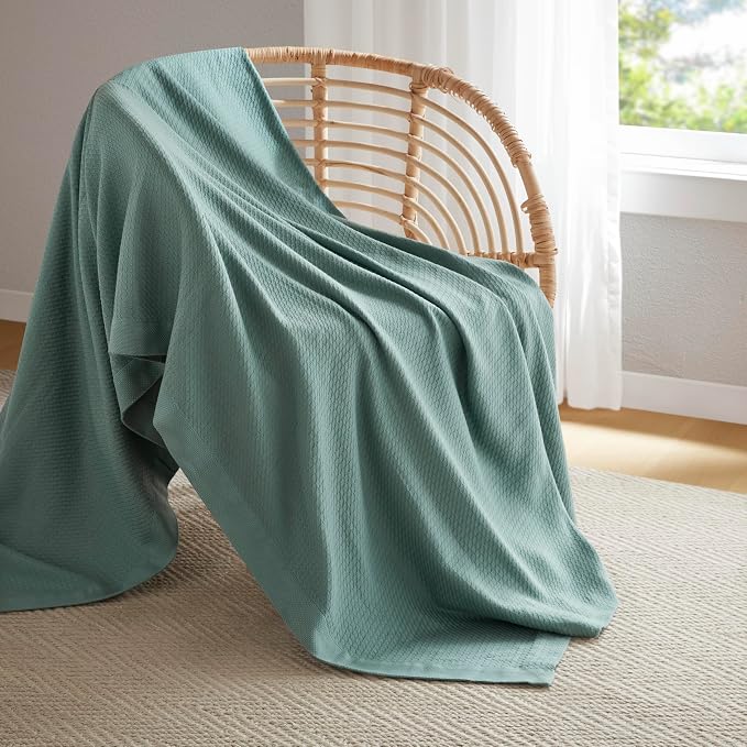 Madison Park 100% Egyptian Cotton Lightweight Summer Blanket, Breathable Waffle Knit Design, Soft Cozy All-Season Throw for Bed, Couch or Sofa, Teal Twin Size (66"x90")