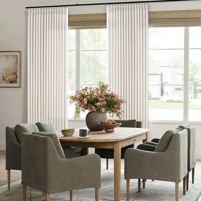 Natural Linen Pinch Pleated Curtains 108 Inches Long for Living Room Pleated Drapes Hooks Back Tab Thick Linen Textured Boho Farmhouse Cream Birch Extra Long 108 Inch Curtain Dining Bedroom 1 Panel