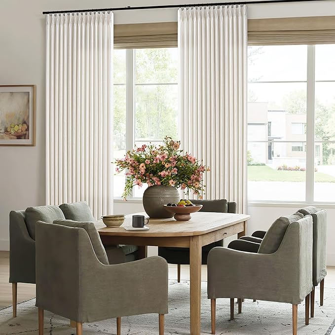 Pinch Pleated 84 Inch Wide Curtain 90 Inches Long Cream Ivory Beige Linen Curtain Drapes for Patio Sliding Glass Door with Hooks Rings Privacy 84 x 90 Inch Length Drapes Living Dining Room 1 Panel