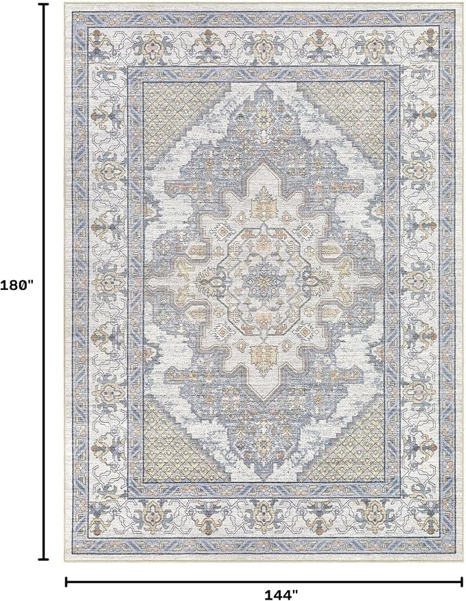 Tortania Area Rug Living Room Rugs - 12x15 Washable Boho Rug Vintage Oriental Distressed Farmhouse Large Thin Indoor Carpet for Living Room Bedroom Under Dining Table Home Office - Blue Beige