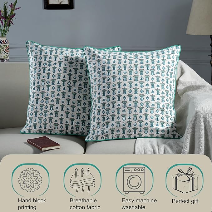 Ridhi Block Print Aquamarine Blue Pillow Cover 16" x 16" (Pack of 2) Decorative Couch Pillows for Living Room, Chic Boho Cute Outdoor Pillows Covers Gifts for Spring, Easter and Valentine