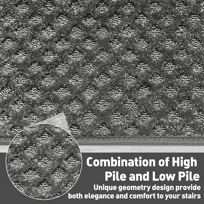 PURE ERA Carpet Stair Treads Tape Free Non Slip Indoor Stair Carpet Stair Protectors Pet-Friendly Non-Slip Skid Resistant Washable Reusable 8" x 30"(7 Pieces,Gray Mini-Diamond Trellis)
