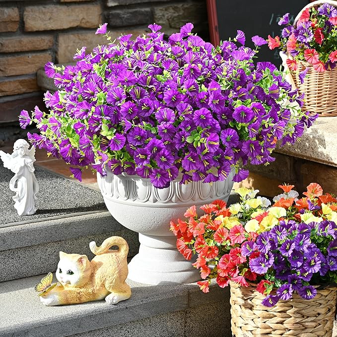Waipfaru 24 Bundles Artificial Flowers for Outdoors Faux Plants Outdoor, UV Resistant Artificial Plants Outdoor, Silk Petunias Fake Flowers for Outside Home Decor Planter Porch Decoration, Purple