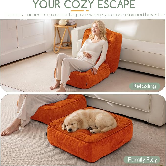 HIGOGOGO 6" Extra Thick Floor Pillow Cushion for Adults, Meditation Cushion Pillow with Handle, Lustrous Chenille Tufted, Square Floor Sitting for Tatami Living Room or Yoga, 22x22 Inch, Orange