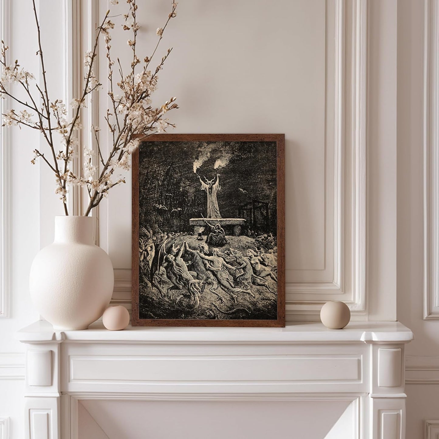 Poster Master Vintage Gustave Dore Poster - Retro Illustration Print - Gift for Gothic, Horror Fan - Dance of Sabbath, Witch, Magic, Spell - Wall Decor for Bedroom, Dorm, 8x10 Brown Framed