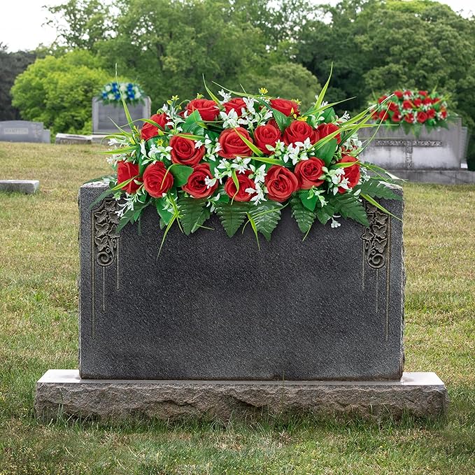 DONODA Cemetery Tombstone Flower Saddle - Outdoor Grave Decorations - Non-Bleed Colors, Rose Combination Flower (red Saddle)