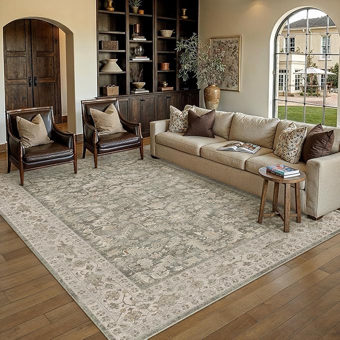 PureCozy Brown 5x7 Area Rug Vintage Washable Living Room Carpet Non Slip Bedroom Indoor Office Low Pile Traditional Distressed Retro Accent Rug for Dining Room Bathroom Kitchen