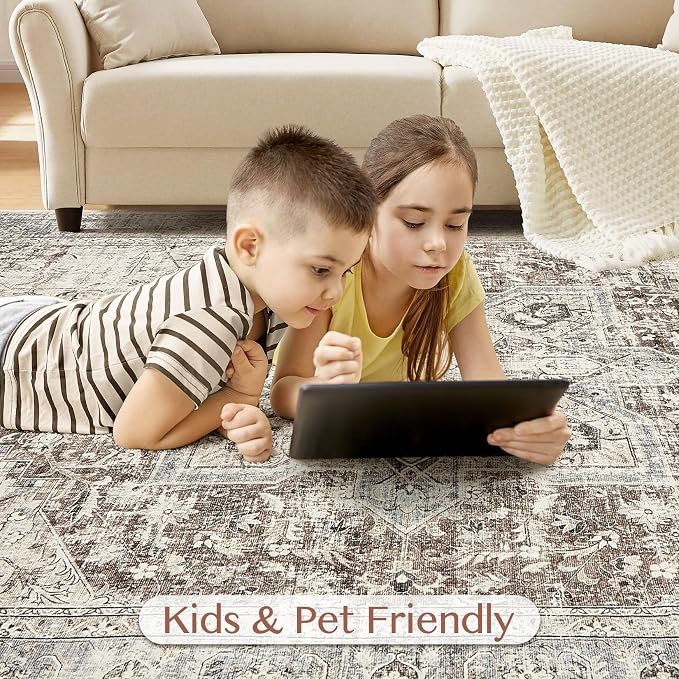 Tortania Area Rug Living Room Rugs - 5x7 Washable Boho Rug Vintage Oriental Distressed Farmhouse Large Thin Indoor Carpet for Living Room Bedroom Under Dining Table Home Office - Brown Blue