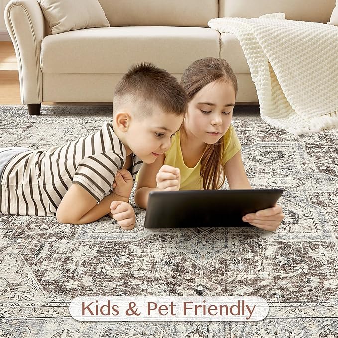 Tortania Area Rug Living Room Rugs - 7x9 Washable Boho Rug Vintage Oriental Distressed Farmhouse Large Thin Indoor Carpet for Living Room Bedroom Under Dining Table Home Office - Brown Blue