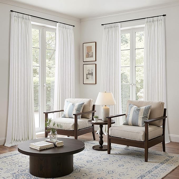 100 Inch Extra Wide Pinch Pleated Linen Curtains 105 Inch Length for Living Room Bedroom Natural Cream Beige Privacy Drapes Light Filtering for Patio Sliding Door 105 Inches Long Hooks Clips Rings