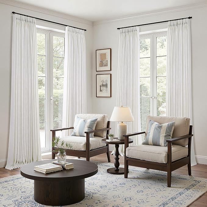 94 Inches Long Triple Pinch Pleated Curtains 2 Panels Set for Living Dining Room Natural Textured Drapes Ceiling to Floor 94 Inch Length Semi Sheer Light Filtering Pinch Pleat Curtains Linen Blend